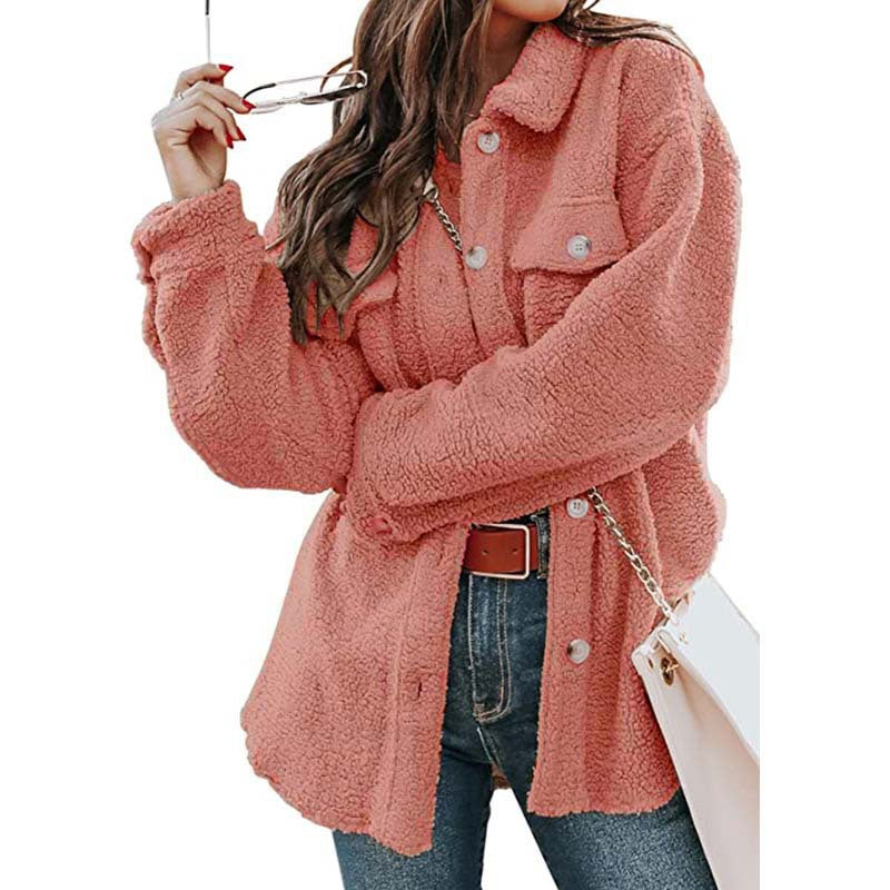 Ladies Comfortable Fleece Jacket with Practical Pockets and Chic Button Placket Style