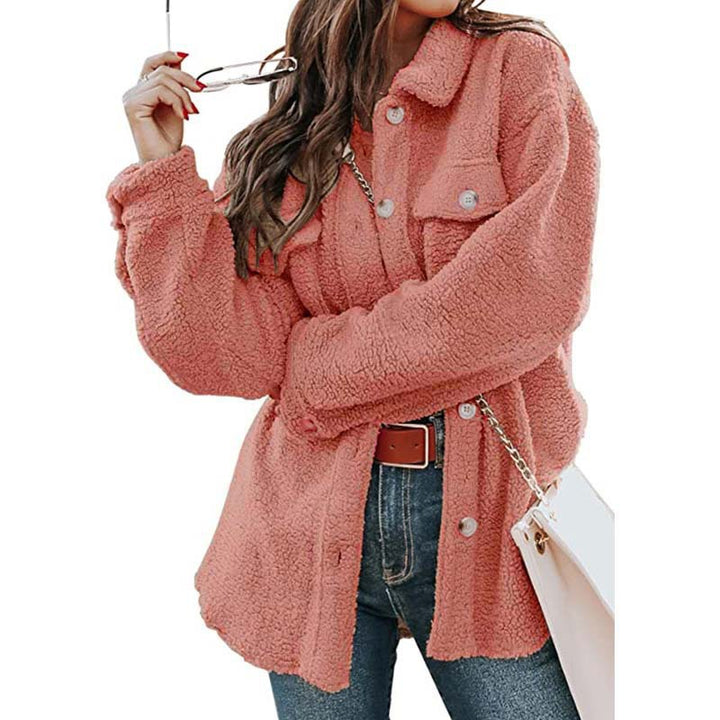 Ladies Comfortable Fleece Jacket with Practical Pockets and Chic Button Placket Style