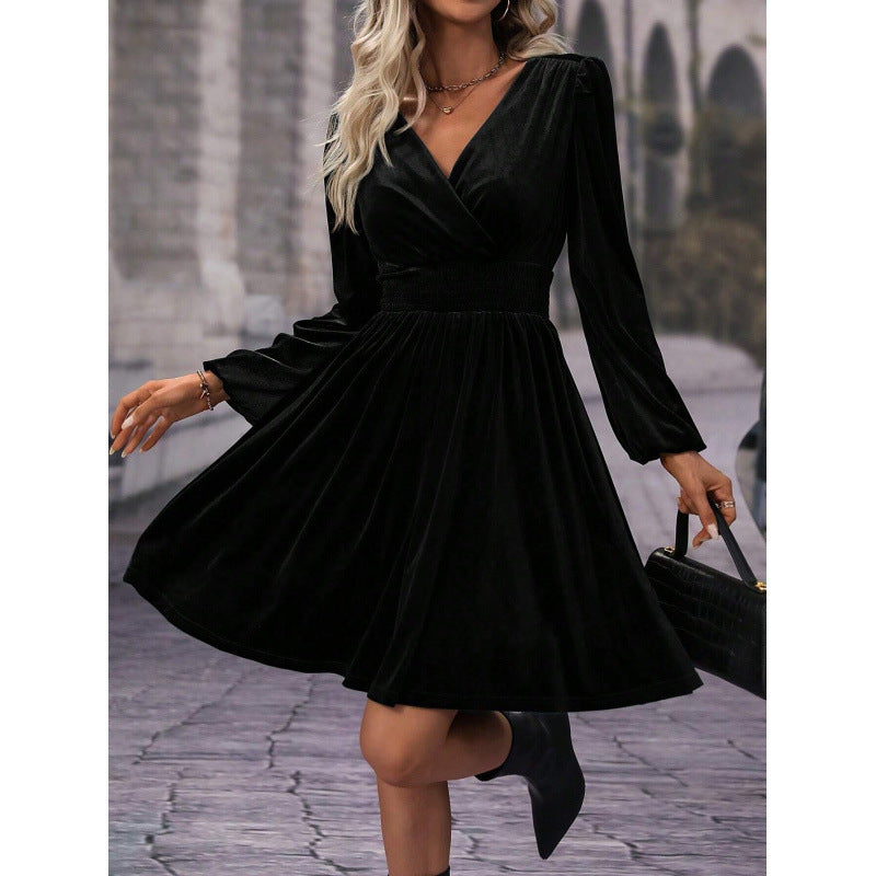 Skater dress for women with elegant gathers and V neckline Lune London