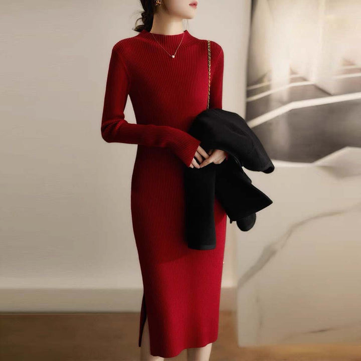 Knitted dress for women with high collar and ribbed structure Lune London