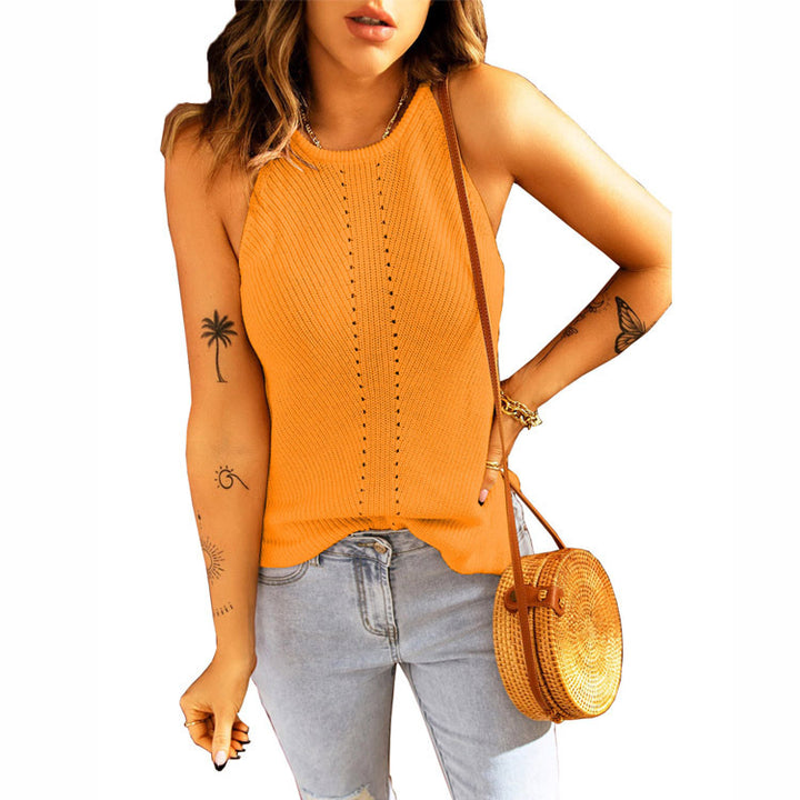 Sleeveless knitted tank top for women with structured ribbed look and decorative openwork pattern Lune London