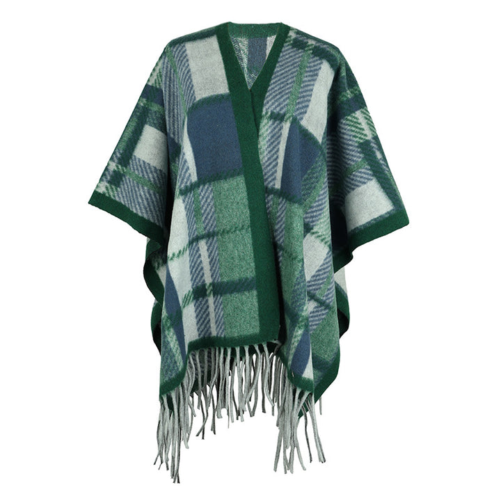 Elegant poncho for women with modern check pattern and fringes Lune London