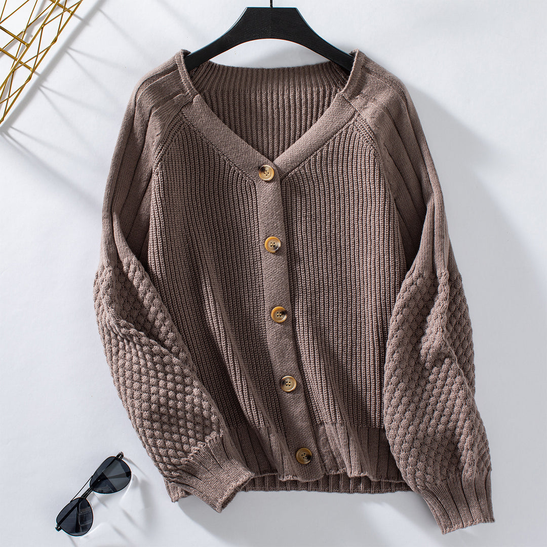 Women knitted cardigan with structured sleeves and wood details Lune London