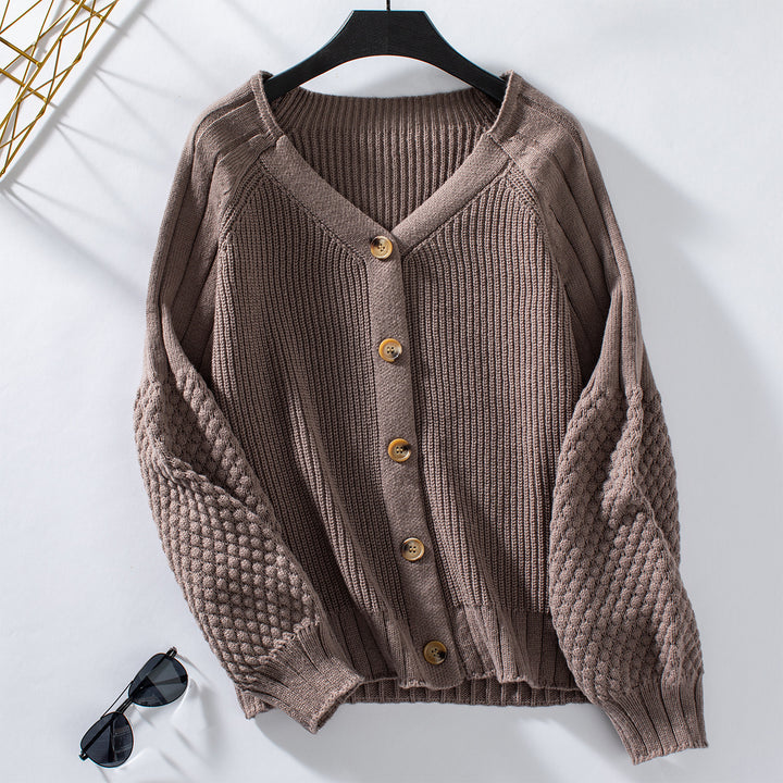 Women knitted cardigan with structured sleeves and wood details Lune London
