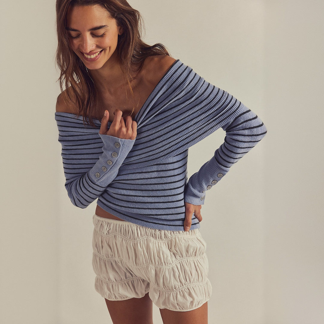Off-the-shoulder sweater for women with a modern striped pattern and chic button details