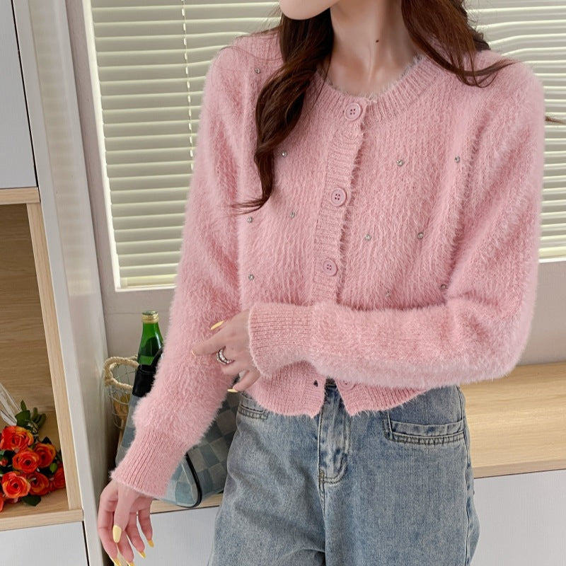 Elegant ladies knit cardigan with trendy pearl accents Lune London