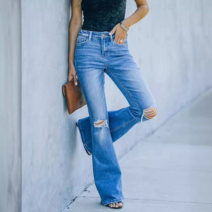 Women's Flared Jeans in Vintage Style with Fashionable Destroyed Effects