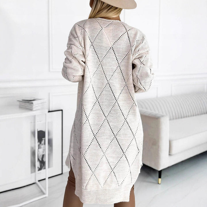 Ladies Long Knit Jacket with elegant openwork pattern and practical pockets Lune London