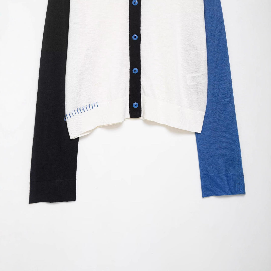 Women trendy short sleeve cardigan with contrasting seams and button closure Lune London