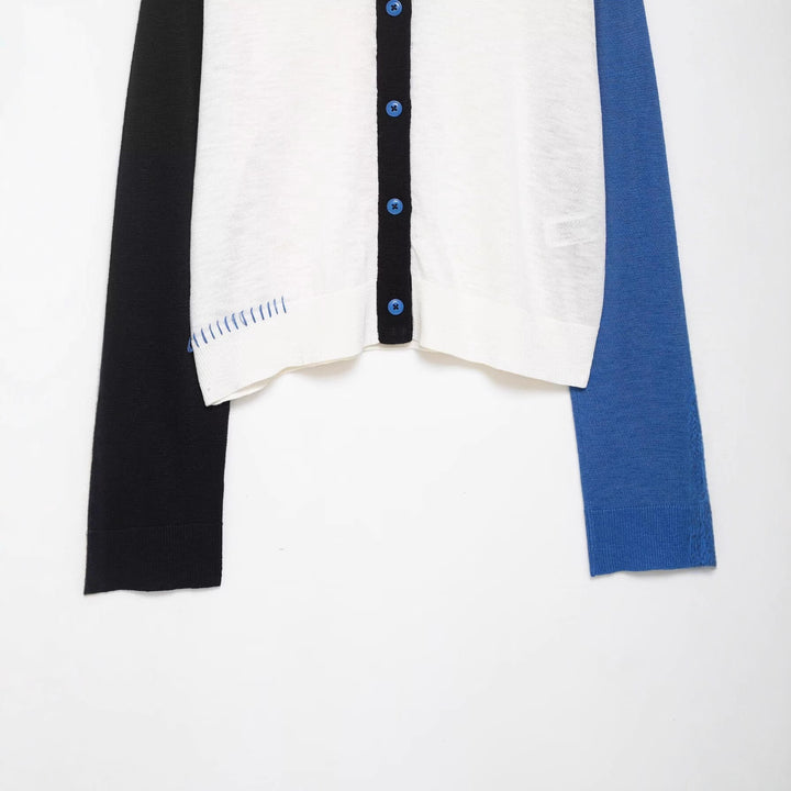 Women trendy short sleeve cardigan with contrasting seams and button closure Lune London