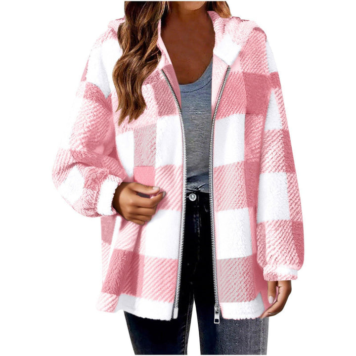 Fleece jacket for women with plaid pattern and hood Lune London