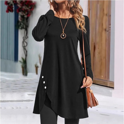 Ladies long tunic with long sleeves in fashion with playful button details Lune London