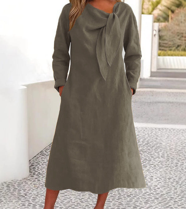 Elegant linen dress for women with asymmetric collar and shawl collar Lune London