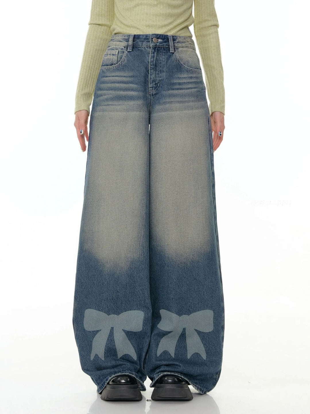 Women's Wide Denim Pants with Exciting Bow Details Lune London