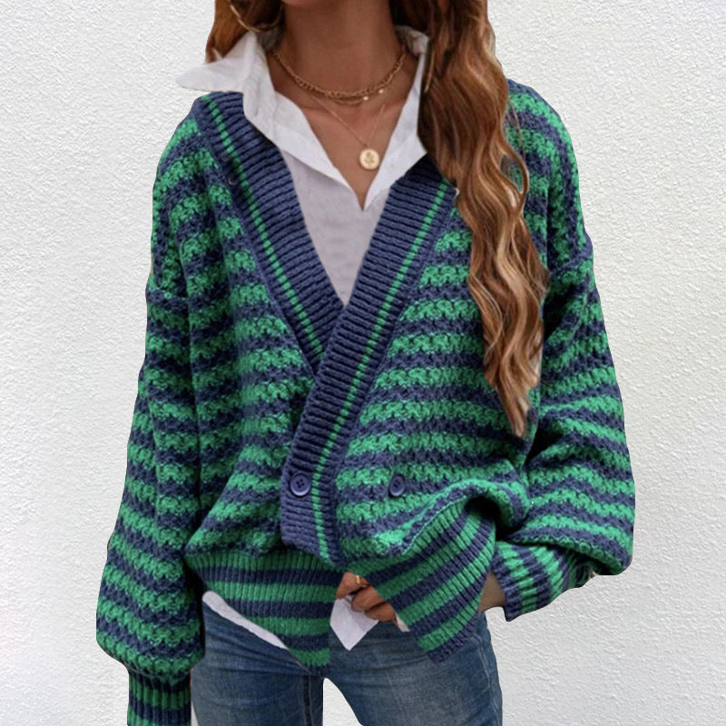 Ladies Thick Knit Cardigan with V Neck and Chic Modern Stripes