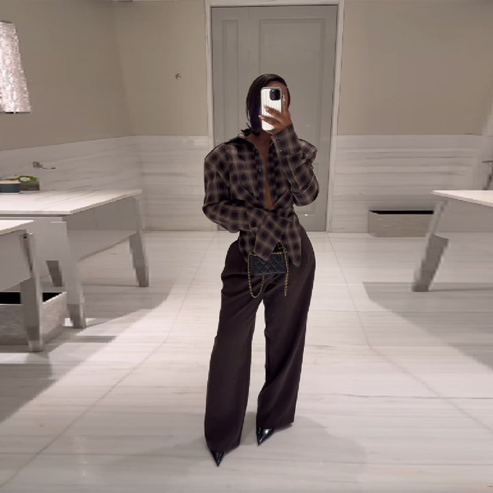 Loose checkered blouse for women with innovative collar Lune London