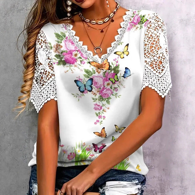 Women's blouse with floral lace and playful butterfly print Lune London