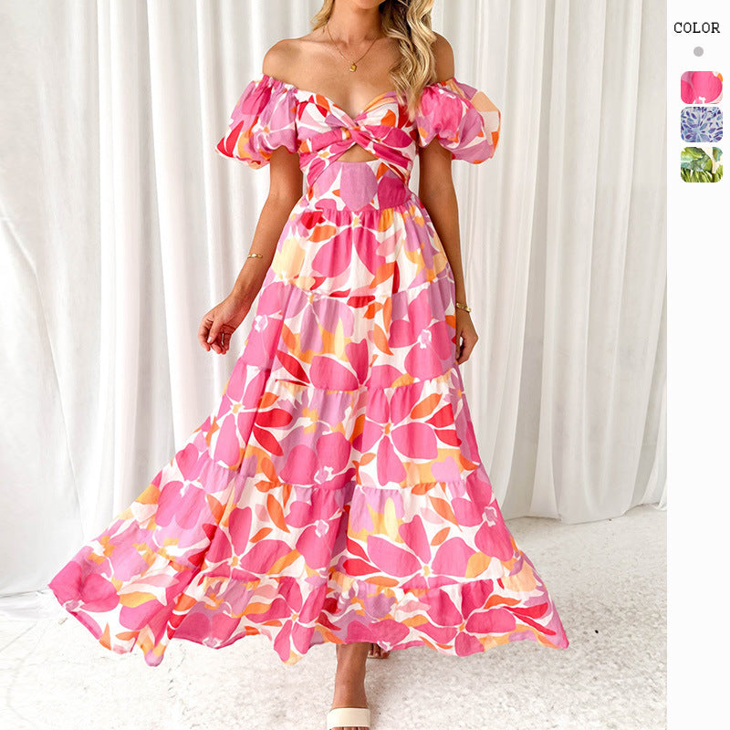 Maxi dress for women with a sophisticated design featuring off-the-shoulder and voluminous puff sleeves Chic & Stil