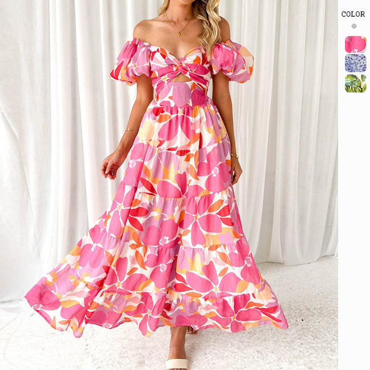 Maxi dress for women with a sophisticated design featuring off-the-shoulder and voluminous puff sleeves Chic & Stil