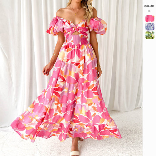 Maxi dress for women with a sophisticated design featuring off-the-shoulder and voluminous puff sleeves Chic & Stil