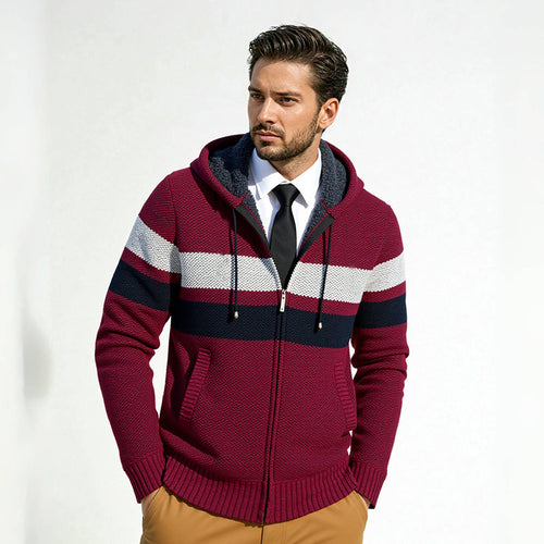 Men's trendy knit hoodie with contrasting decorative stripes and practical pockets Lune London