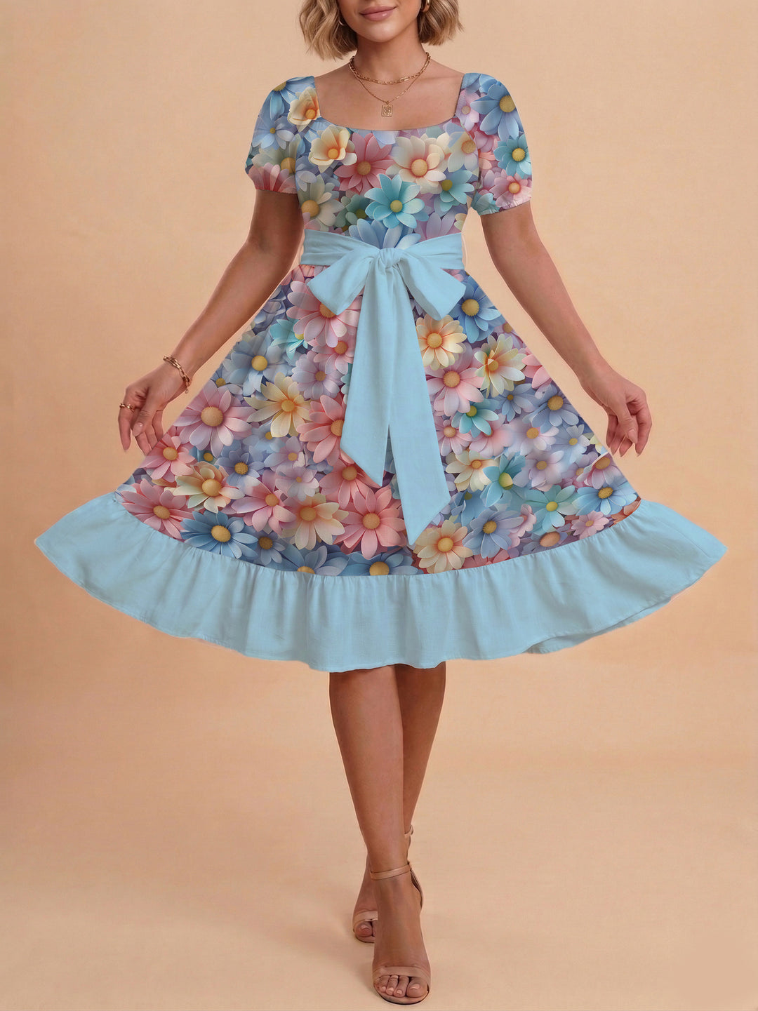 Women's Midi Dress with Elegant Floral Print and Fitted Belt Lune London