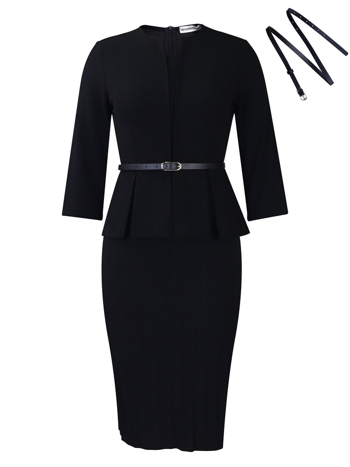 Elegant peplum dress for women with integrated waist belt and structured skirt Lune London