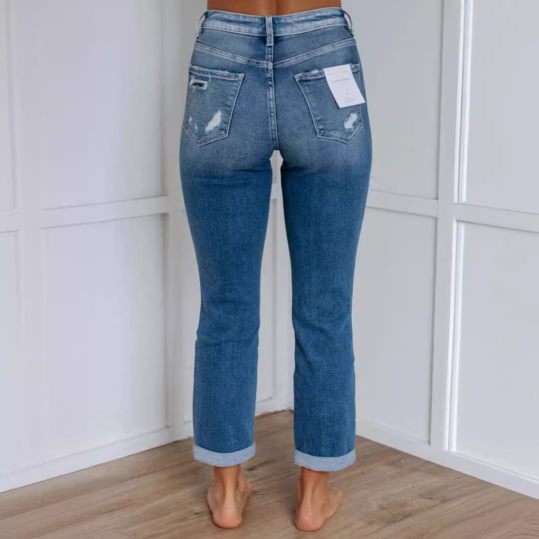 High-waisted skinny jeans for women with distressed effects Lune London