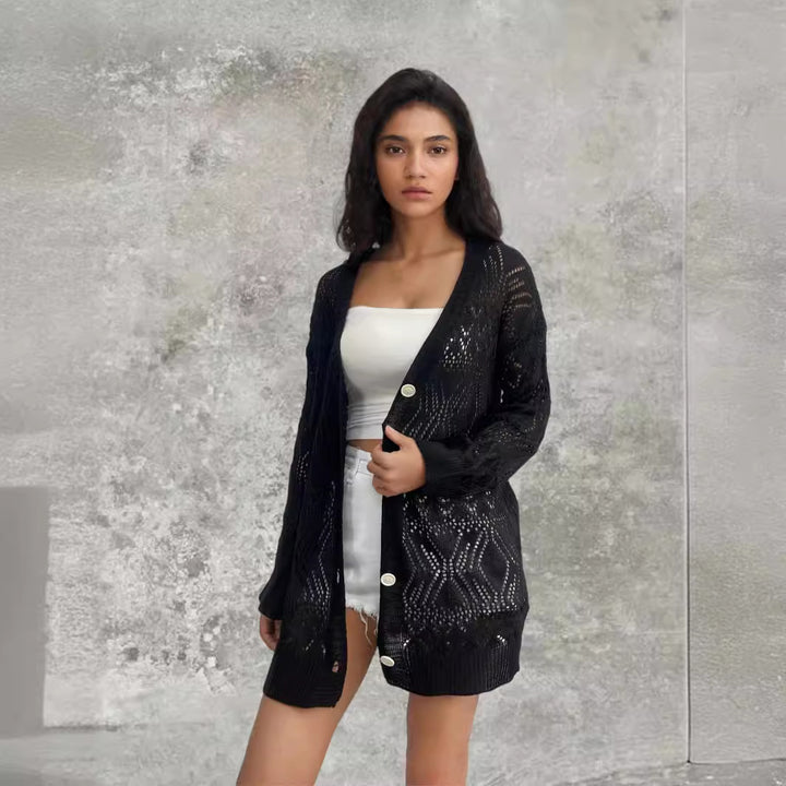 Knitted jacket for women with perforated pattern and button closure Lune Londonl