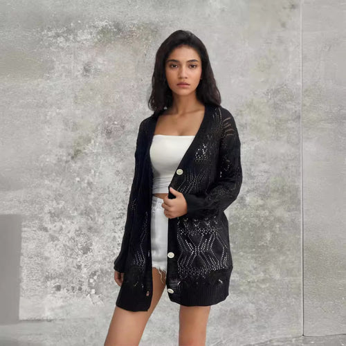 Knitted jacket for women with perforated pattern and button closure Lune Londonl