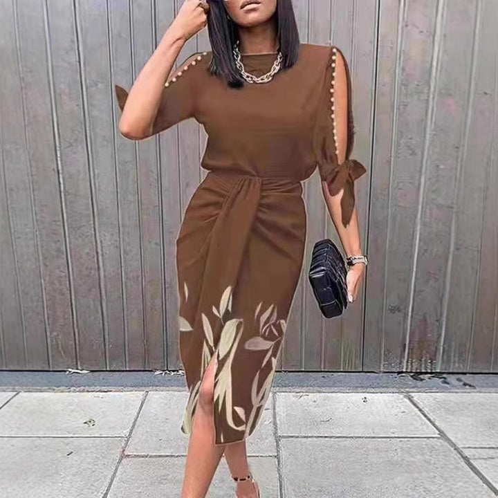 Mid-length dress for women with floral details and an elegant slit Lune London