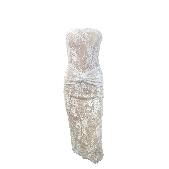 Women's lace dress with figure-flattering design and elegant knot detail Lune London
