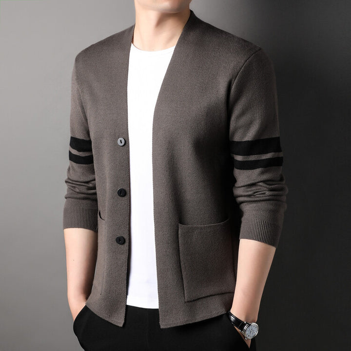 Fashion knitted cardigan for men with low collar and decorative stripes Lune London