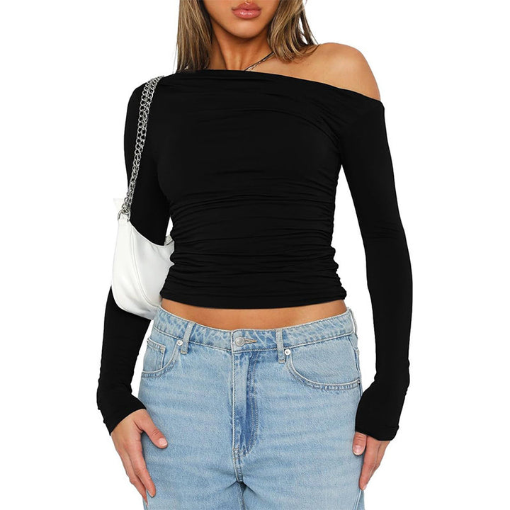 Fitted long sleeve t-shirt for women with asymmetric neckline and ruching Lune London