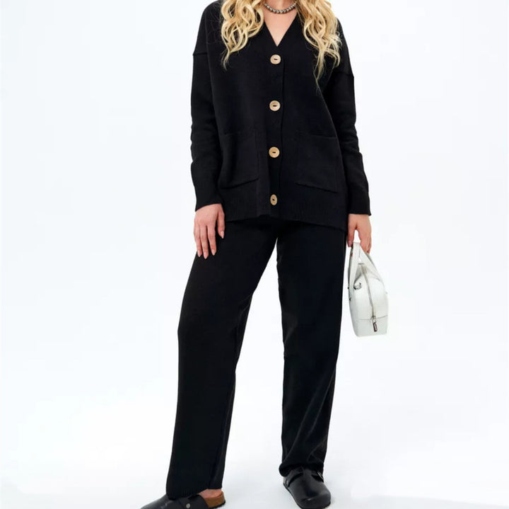 Ladies comfortable knit cardigan with practical pockets and chic button details