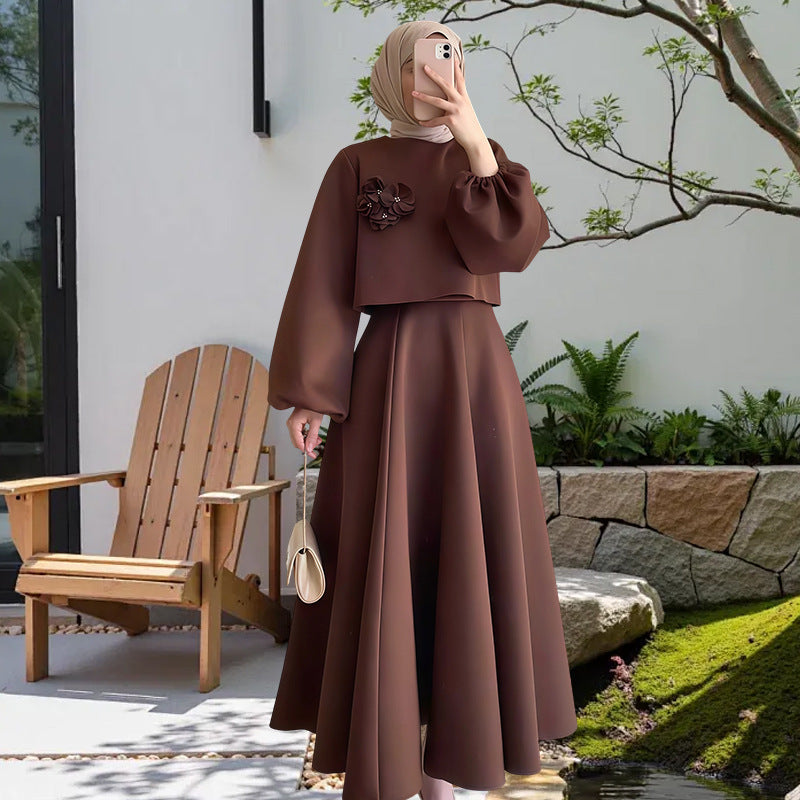 Ladies Elegant Maxi Dress with Puff Sleeves and Decorative Flower Detail Lune London