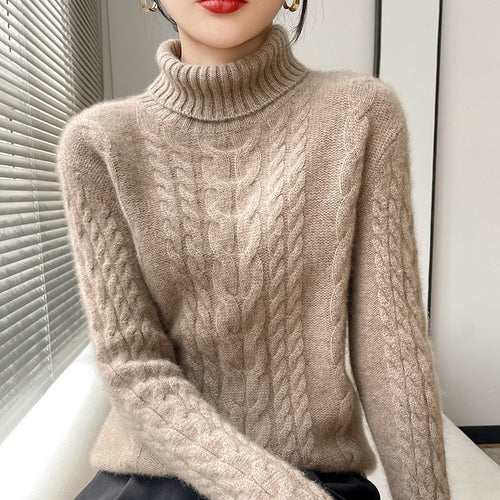 Chunky knit sweater for women with high collar and structured cable pattern Lune London