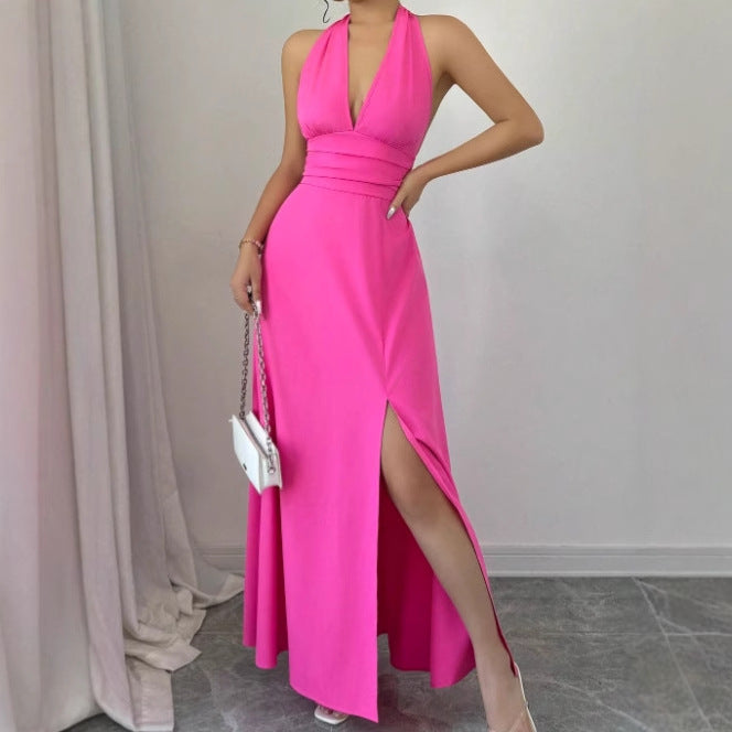 Maxi sleeveless dress for women with a seductive V-neckline and a high slit skirt Lune London