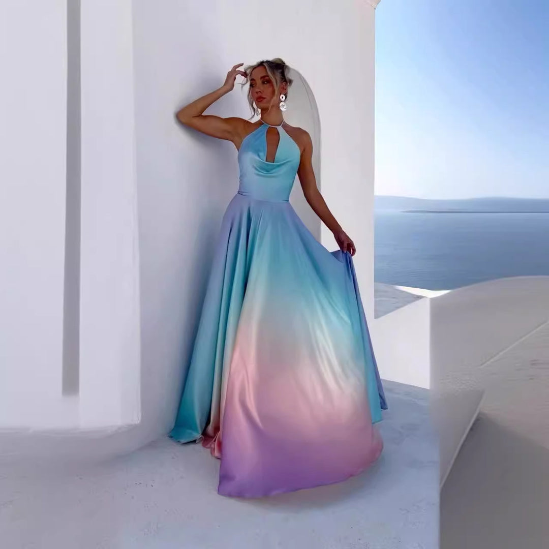 Women's A-line maxi dress with deep keyhole neckline and shimmering fabric