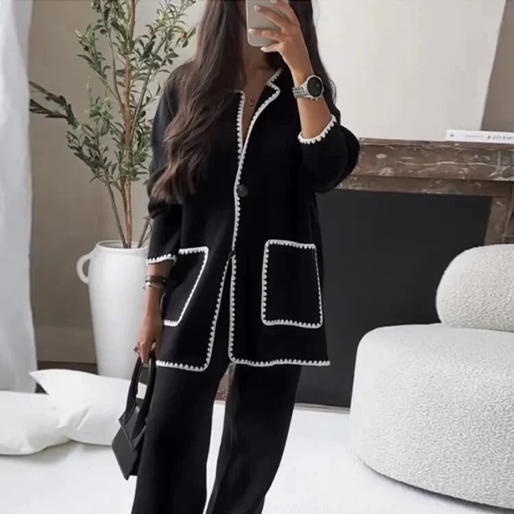 Elegant blazer jacket for women with contrasting details and loose pants Lune London