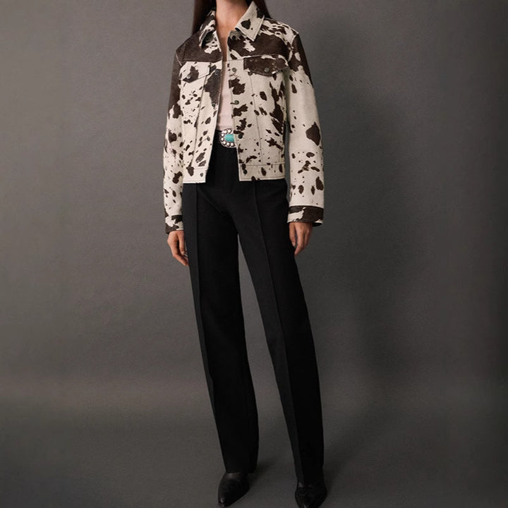 Sheepskin fashion jacket for women with striking animal pattern Lune London