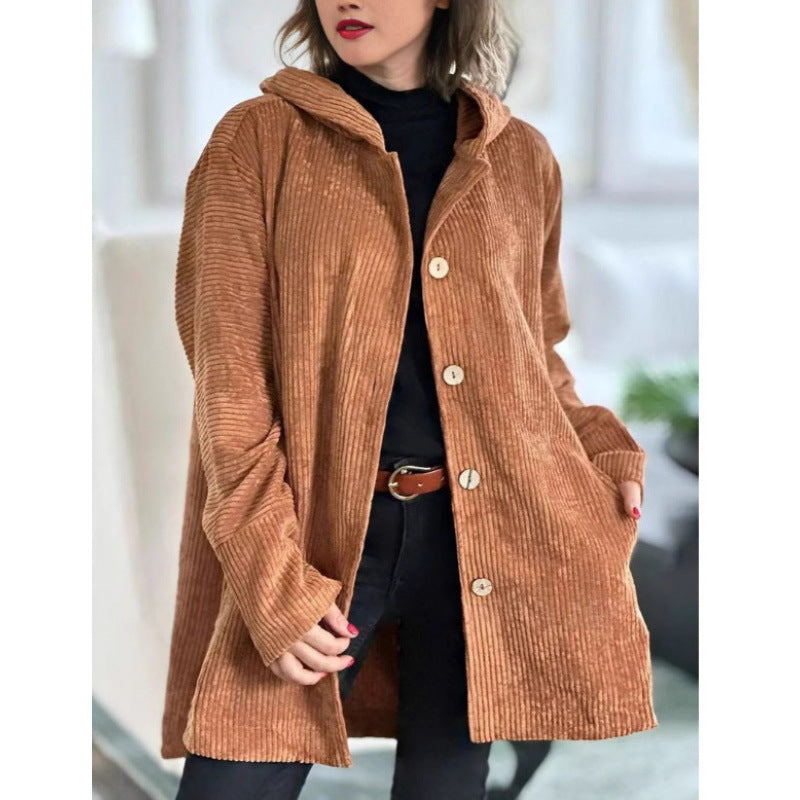 Ladies Cozy Corduroy Jacket with Hood and Button Closure Lune London
