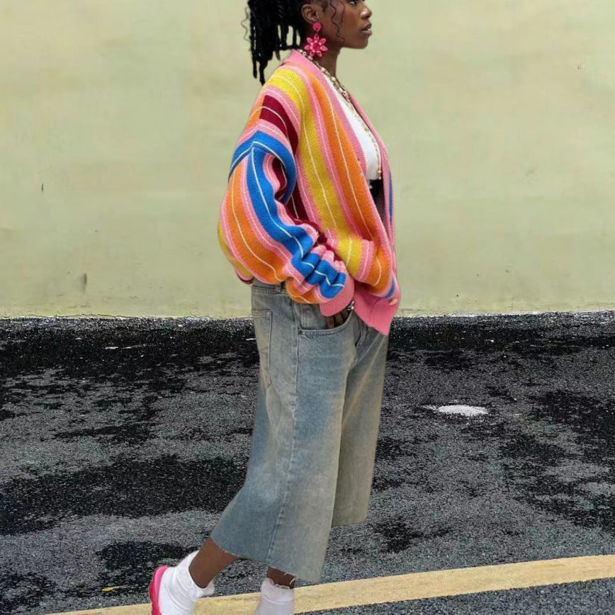 Ladies Casual Knitted Cardigan with Colorful Striped Pattern and Oversized Sleeves Lune London