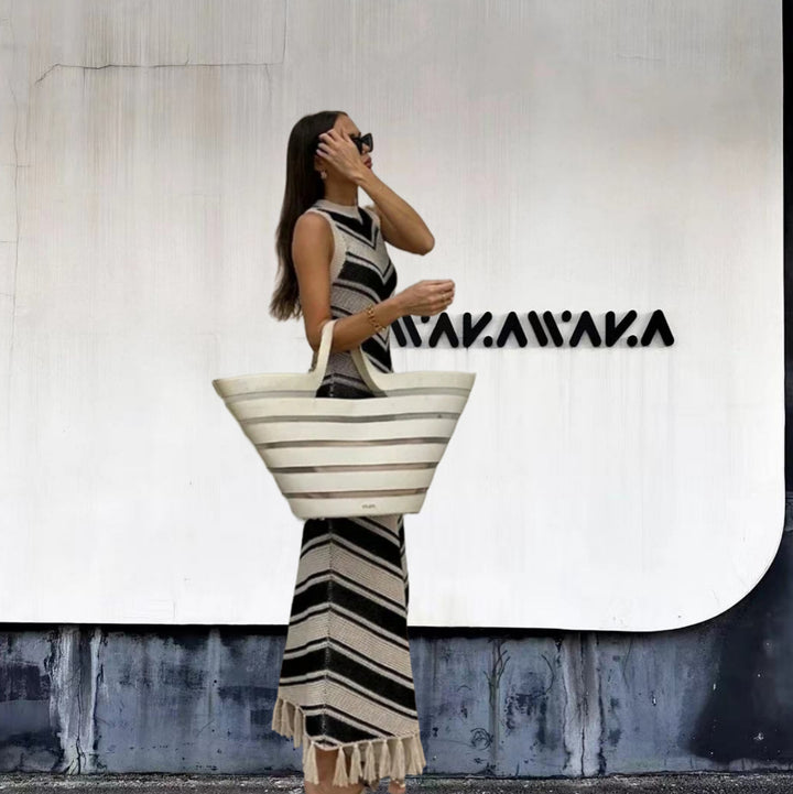 Maxi dress for women with chevron pattern and fringed details Lune London