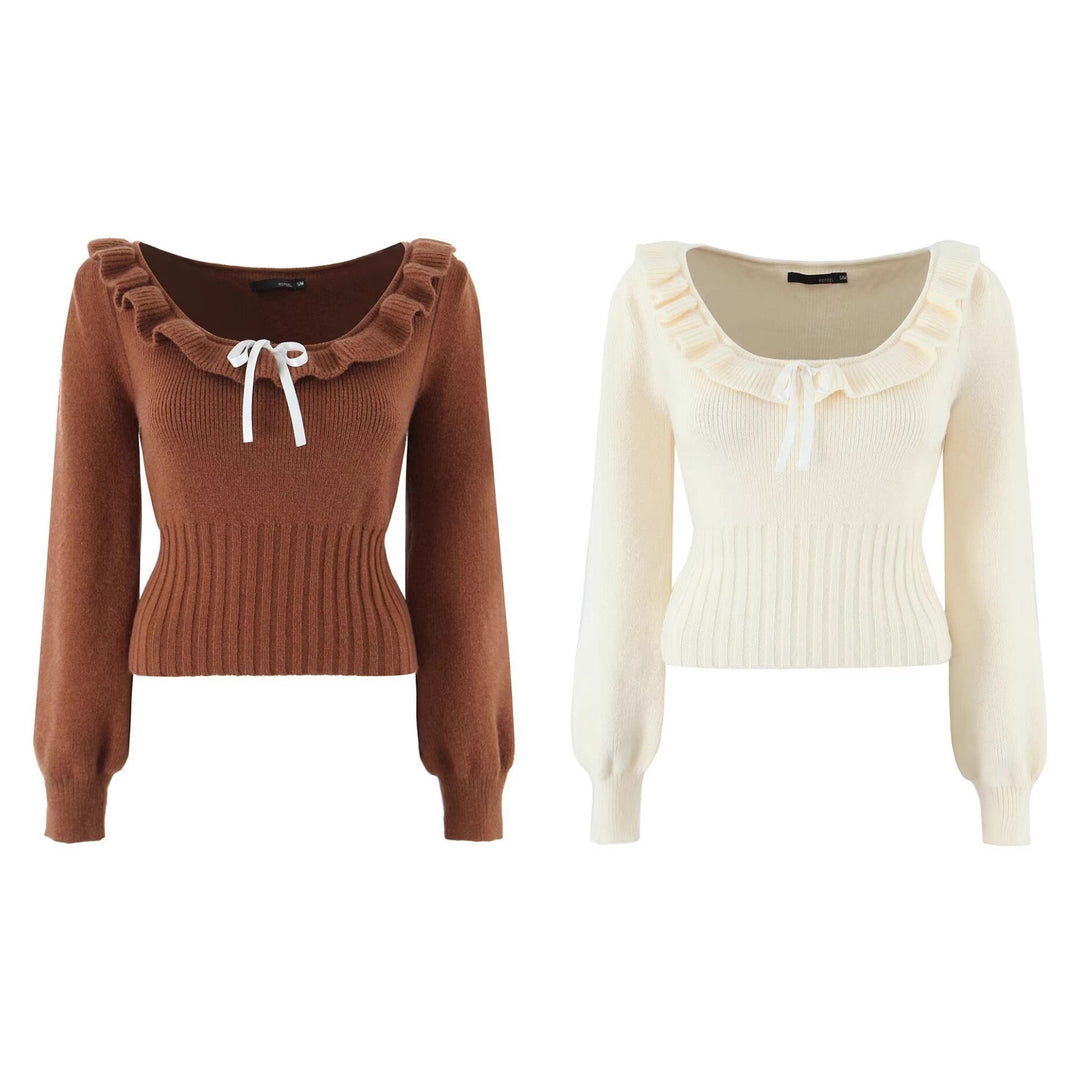 Elegant knit sweater for ladies with ruffle details and drawstring Lune London