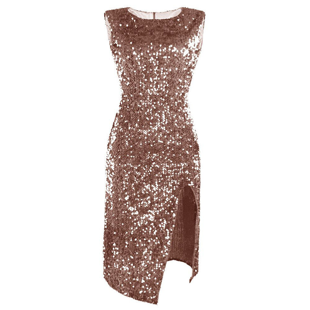 Women's Elegant Party Dress with Sparkling Sequin Trim and High Slit Lune London