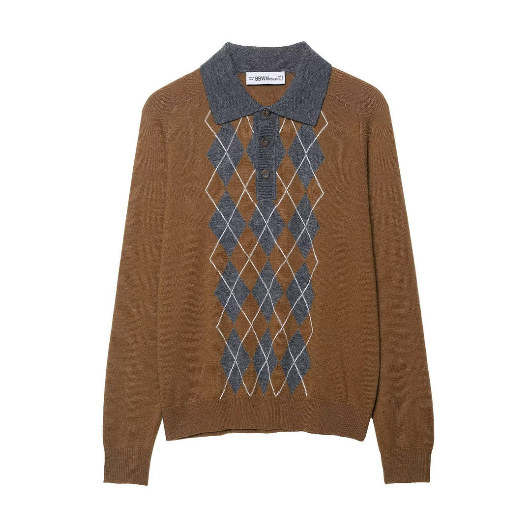 Women's sweater with classic polo collar and modern diamond pattern Lune London