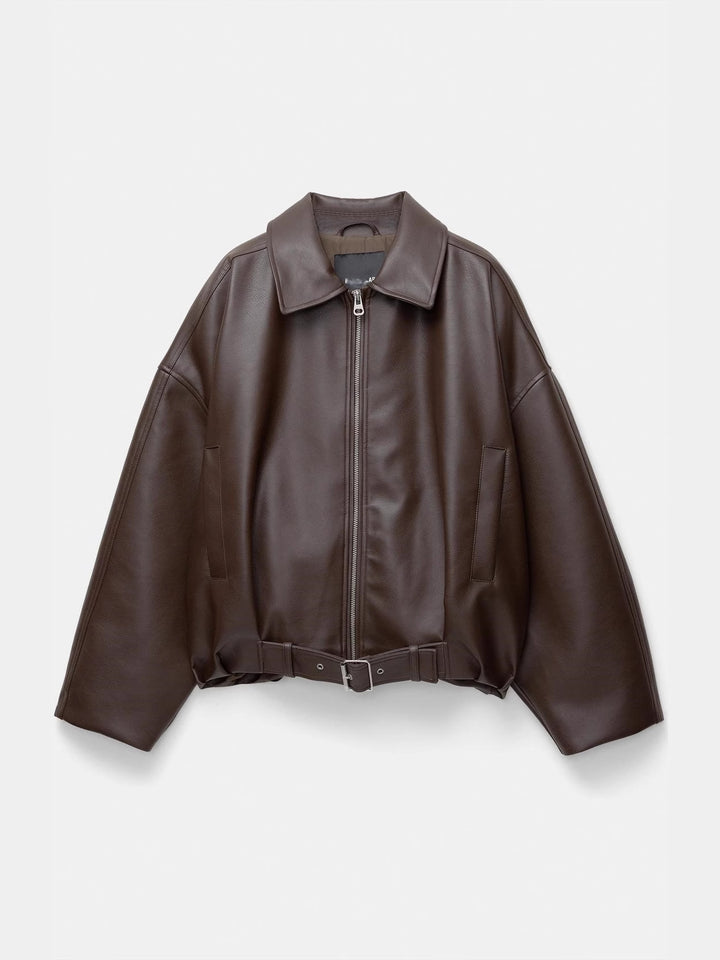 Casual faux leather jacket for women with wide collar and belt Lune London