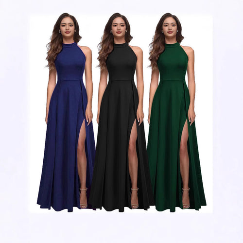 Elegant maxi dress for women with side slits and high collar Lune London