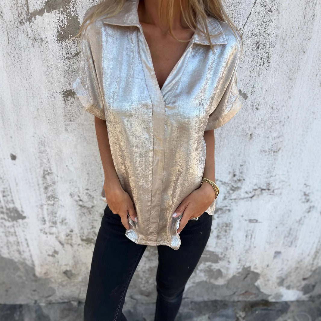 Ladies Elegant Satin Blouse with Shiny Finish and Chic Casual Cut